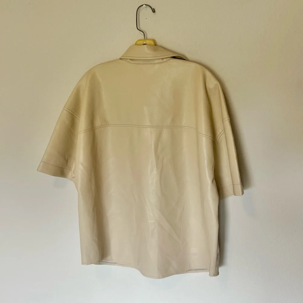 Aritzia Babaton Vegan Leather Frances Short Sleeve Button Up in Sand White - Picture 6 of 11